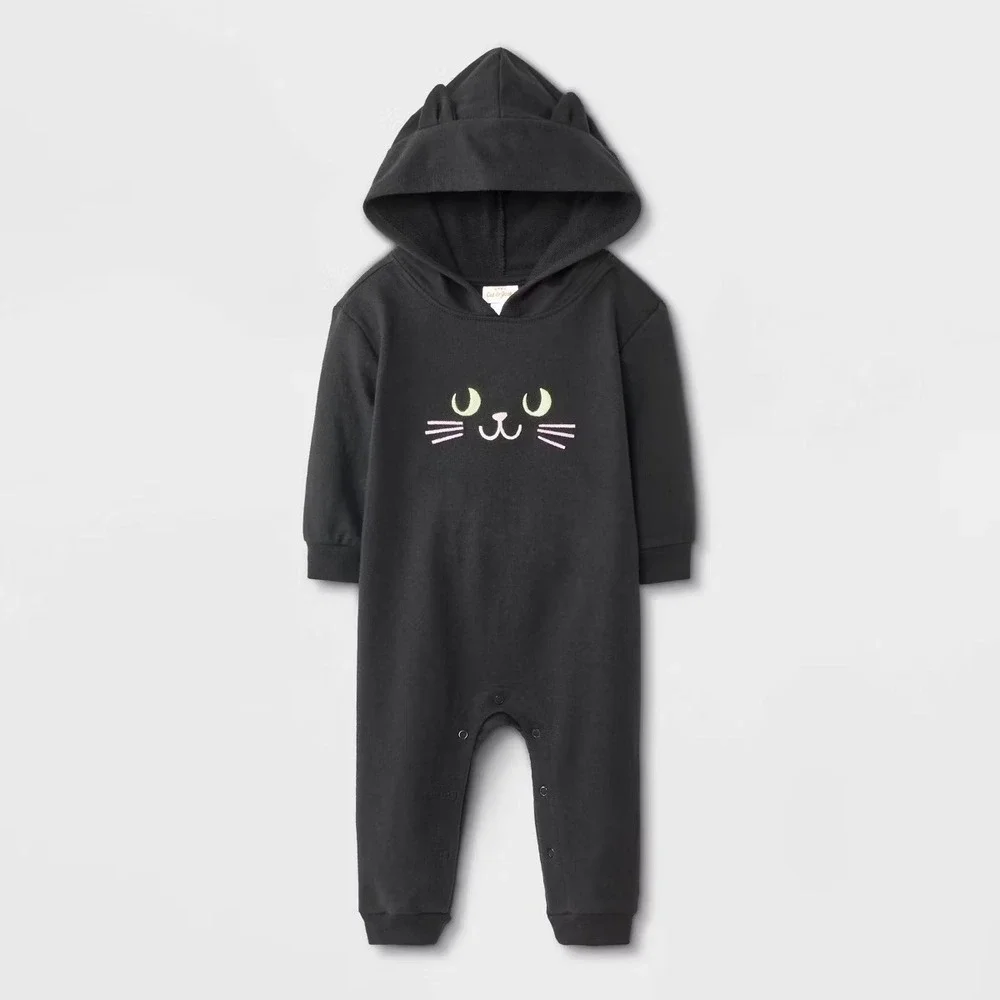Cat & Jack SZ 18 Months‎ Baby Black Cat Hooded Romper Halloween Costume NWT Cozy
